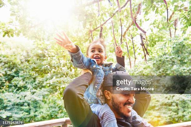 father with son on shoulders in nature reserve - london not hipster not couple not love not sporty not businessman not businesswoman not young man no stockfoto's en -beelden