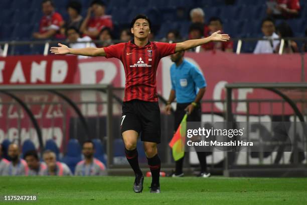 Daiki Hashioka of Urawa Reds reacts during the AFC Champions League quarter final second leg match between Urawa Red Diamonds and Shanghai SIPG at...