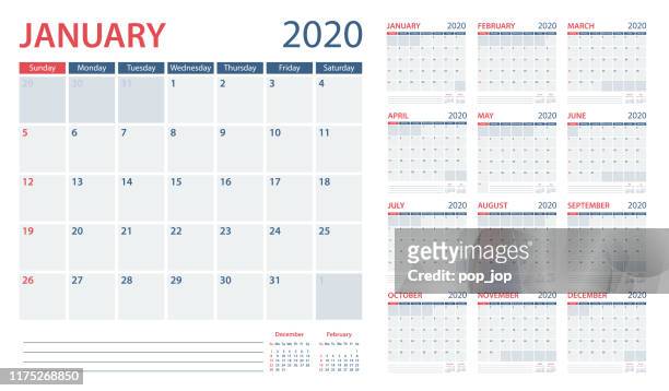 kalender-planer 2020 - vektor-vorlage. die tage beginnen am sonntag - woche stock-grafiken, -clipart, -cartoons und -symbole