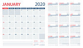 Calendar Planner 2020 - Vector Template. Days start from Sunday