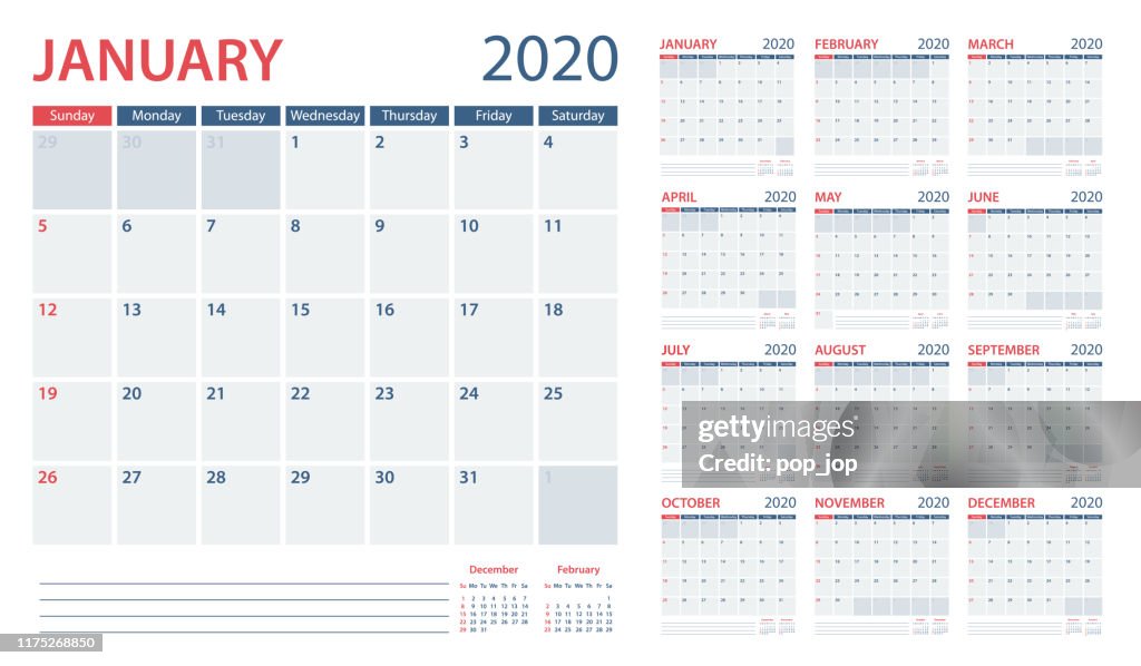 Calendar Planner 2020 - Vector Template. Days start from Sunday