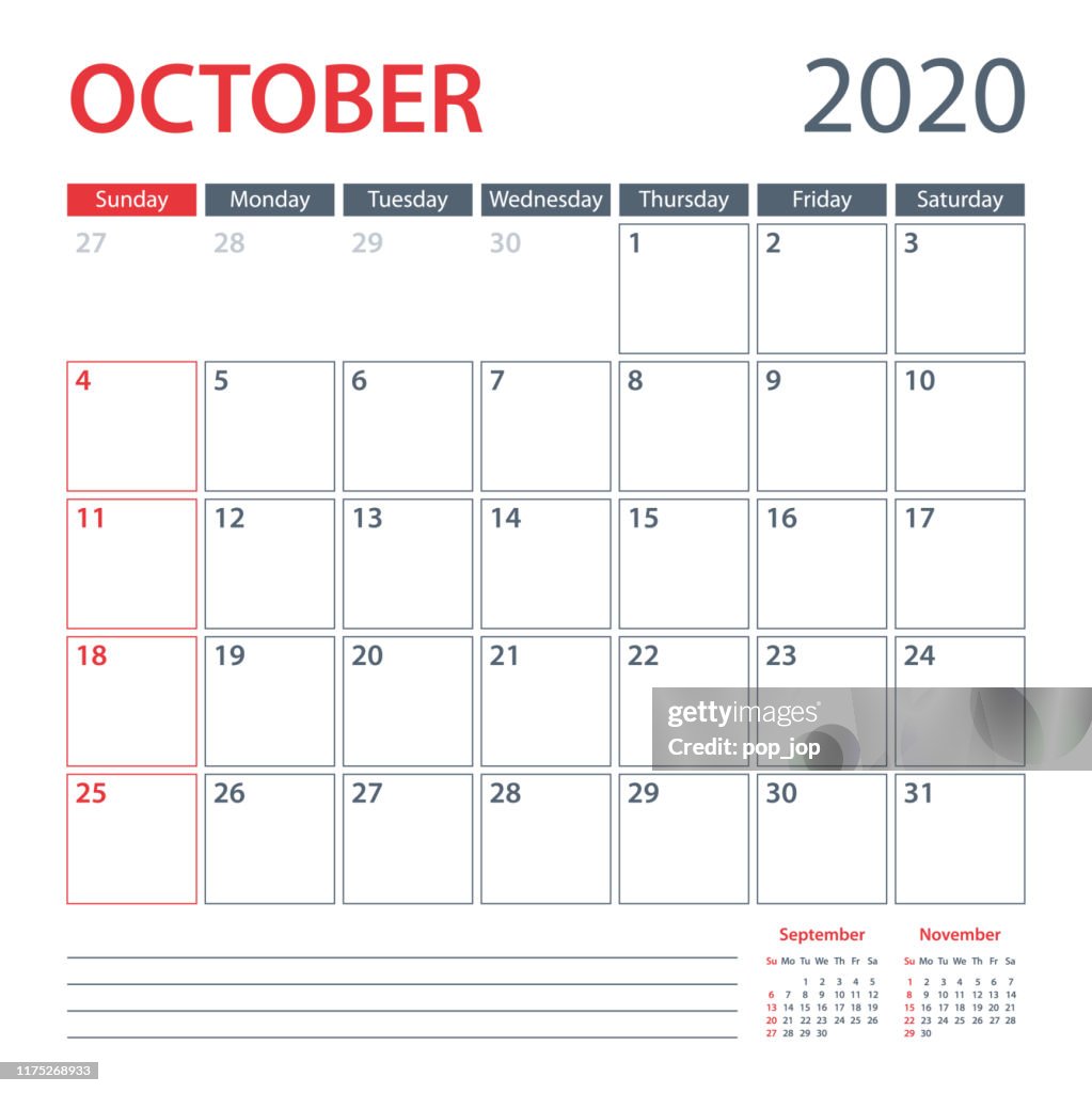2020 October Calendar Planner Vector Template Week Starts Sunday High ...