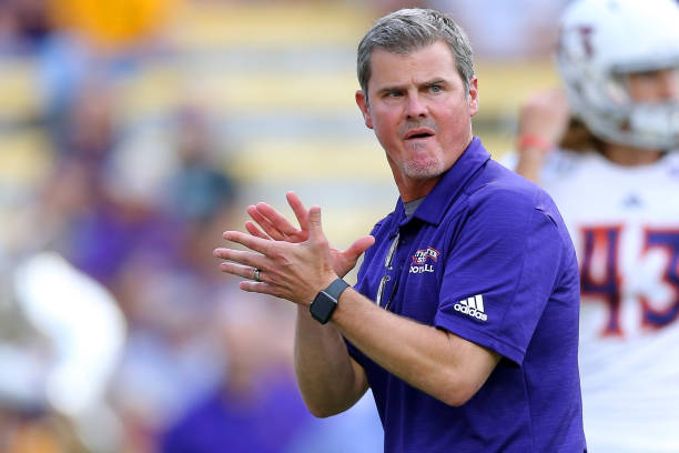 Head coach Brad Laird of the Northwestern State Demons reacts during a game against the LSU Tigers at Tiger Stadium on September 14, 2019 in Baton...
