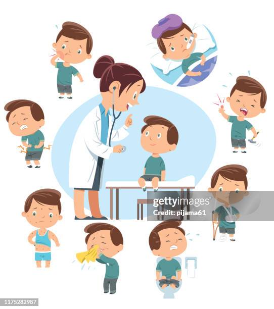 ilustraciones, imágenes clip art, dibujos animados e iconos de stock de médicos y niños enfermedades - illness