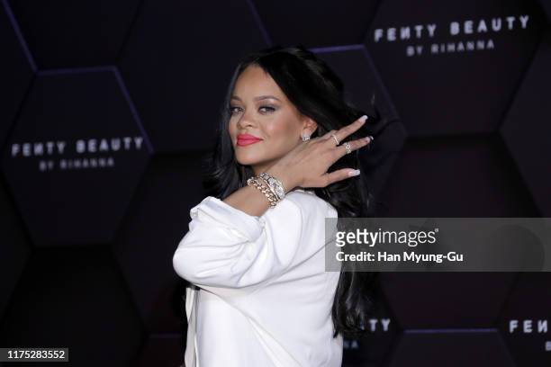 Rihanna attends an event for 'FENTY BEAUTY' artistry beauty talk with Rihanna at Lotte World Tower on September 17, 2019 in Seoul, South Korea.