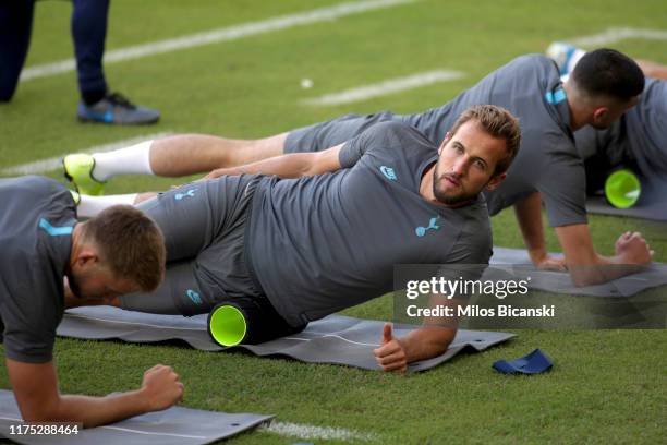 Harry Kane of Tottenham Hotspur is seen during a training session on the day before the UEFA Champions League group B match between Olympiacos FC and...