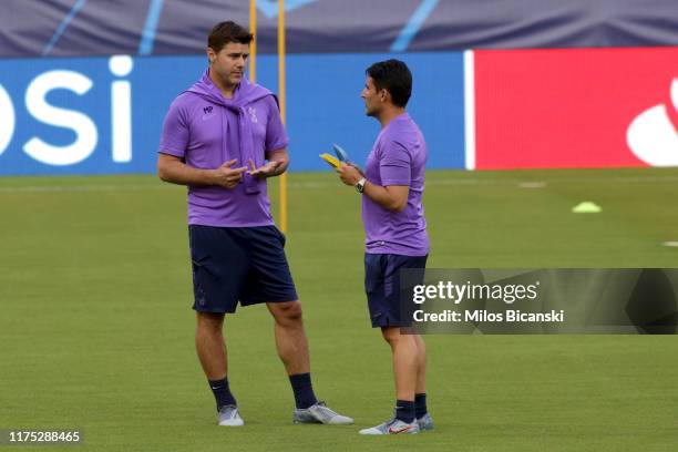 Manager Mauricio Pochettino of Tottenham Hotspur is seen during a training session on the day before the UEFA Champions League group B match between...