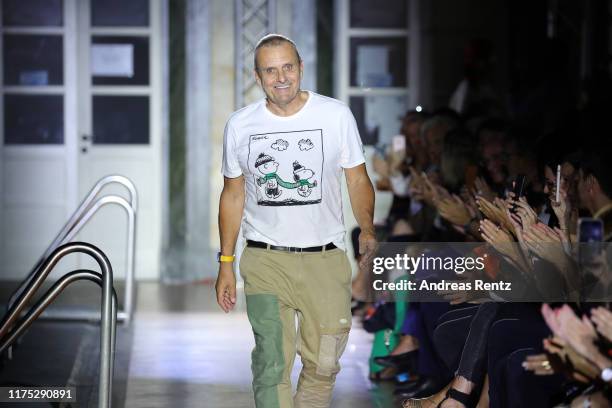 Fashion designer Jean-Charles de Castelbajac acknowledges the audience at the Benetton show during the Milan Fashion Week Spring/Summer 2020 on...