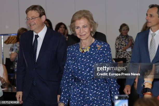 The president of Valencia, Ximo Puig, Queen Sofia, and the acting minister of Science, Innovation and Universities, Pedro Duque, are seen arriving to...