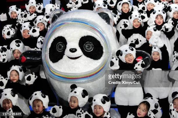 The Mascot of the 2022 Olympic Winter Games, Bing Dwen Dwen, is seen unveiled during a launching ceremony at Shougang Ice Hockey Arena on September...