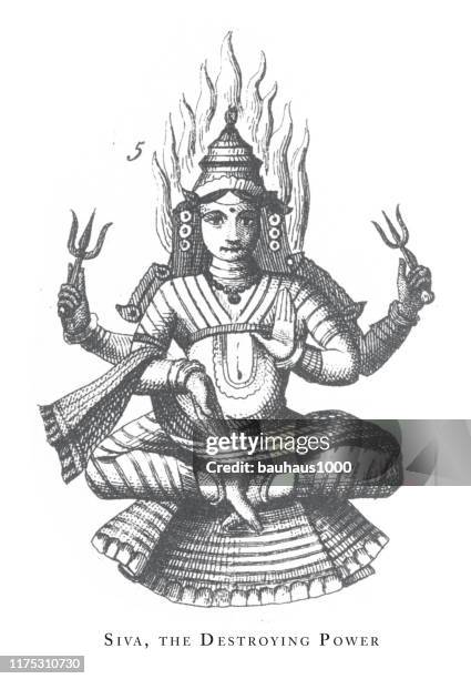 siva, the destroying power, hindu and buddhist religious symbols and religious implements engraving antique illustration, published 1851 - indian mythology stock illustrations