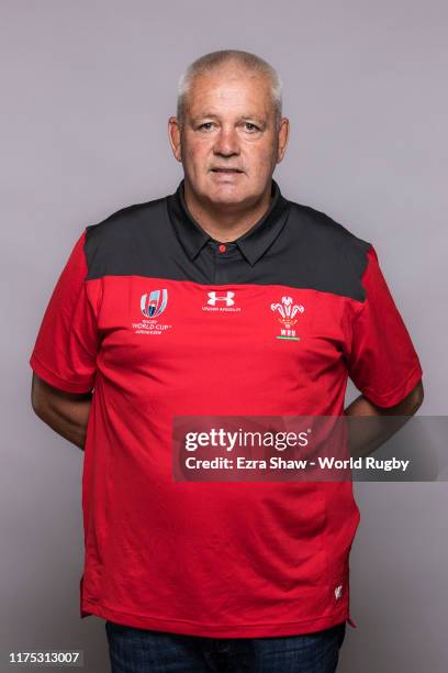 Warren Gatland Head Coach of Wales poses for a portrait during the Wales Rugby World Cup 2019 squad photo call on on September 17, 2019 in...