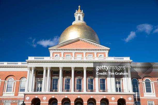 Massachusetts State House the seat of Government, with golden dome and columns in the city of Boston, United States.