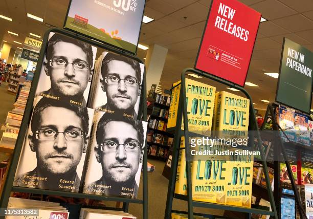 Newly released "Permanent Record" by Edward Snowden is displayed on a shelf at a Barnes and Noble bookstore on September 17, 2019 in Corte Madera,...
