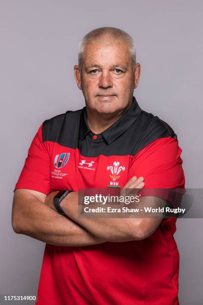 Warren Gatland Head Coach of Wales poses for a portrait during the Wales Rugby World Cup 2019 squad photo call on on September 17, 2019 in...