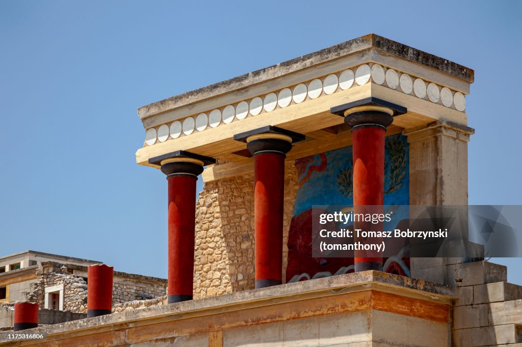 Partly reconstructed ruins of the ancient Minoan Palace of Knossos in Heraklion, Crete, Greece