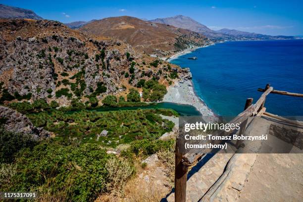 scenic view of the preveli palm beach and river mouth on the south coast of crete at the libyan sea, greece - crete rethymnon stock pictures, royalty-free photos & images