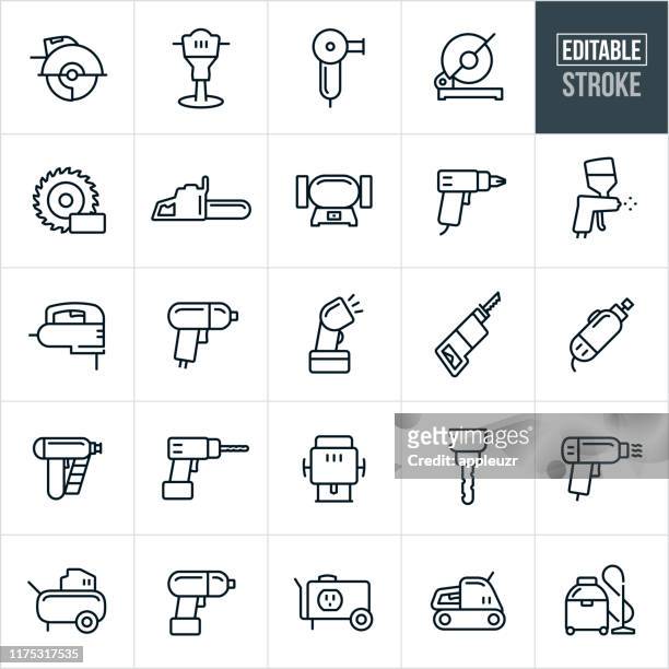illustrazioni stock, clip art, cartoni animati e icone di tendenza di icone della linea sottile di power tools - tratto modificabile - drill