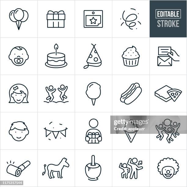 kinder-geburtstags-party dünne linie icons - esdiatable schlaganfall - baby torte stock-grafiken, -clipart, -cartoons und -symbole