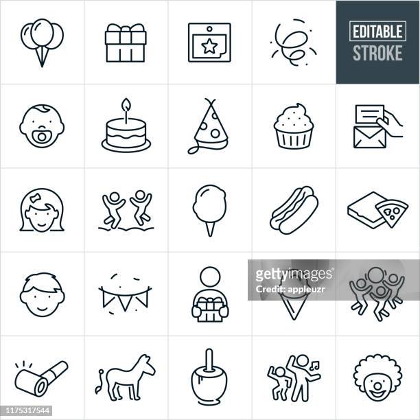 ilustrações de stock, clip art, desenhos animados e ícones de children's birthday party thin line icons - ediatable stroke - bolo e velas