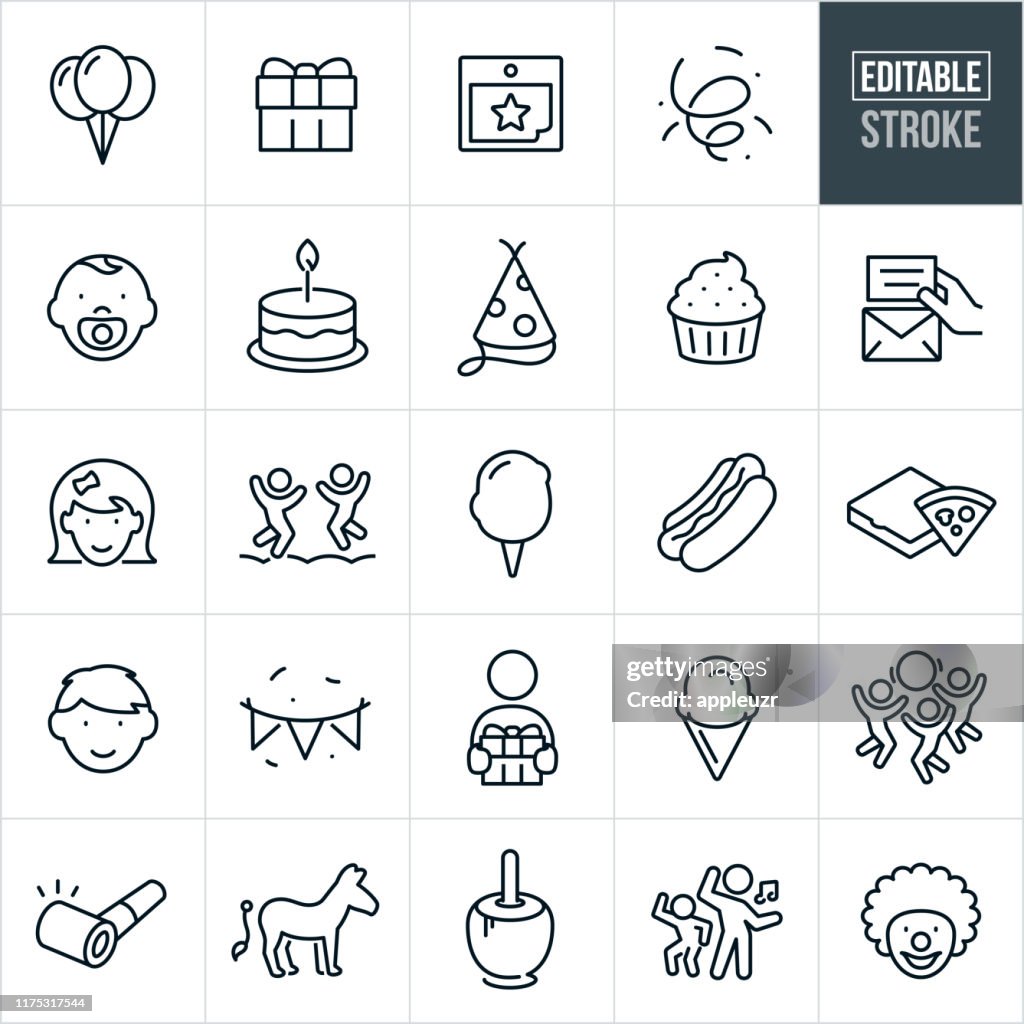 Children's Birthday Party Thin Line Icons - Ediatable Stroke