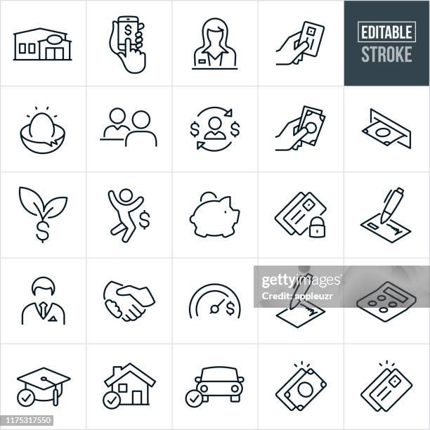 banking thin line icons - editable stroke - cheque financial item stock illustrations