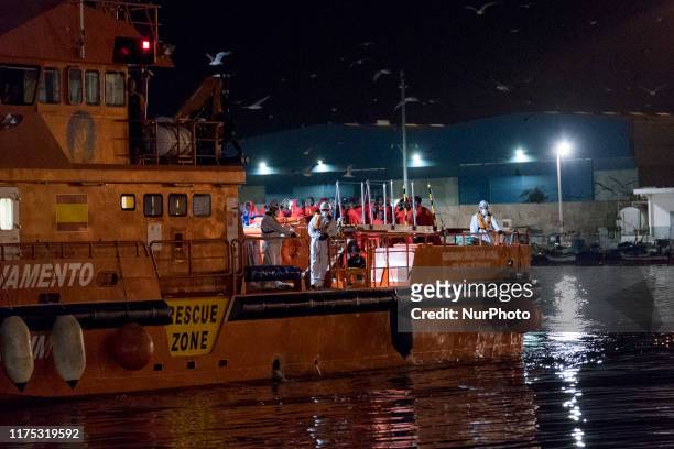 The Spanish Maritime vessel arrives at the Malaga's harbour after rescuing 58 migrants in the Mediterranean sea, in Malaga, southern of Spain, on...