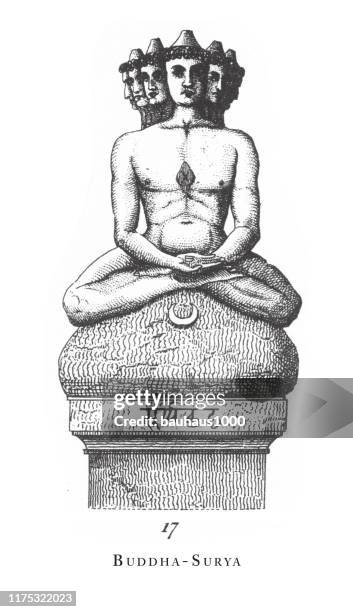 stockillustraties, clipart, cartoons en iconen met boeddha-surya, hindoe en boeddhistische religieuze symbolen en religieuze implementeert gravure antieke illustratie, gepubliceerd 1851 - buddhist goddess