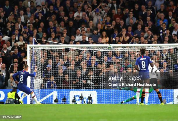 Ross Barkley of Chelsea misses a penalty during the UEFA Champions League group H match between Chelsea FC and Valencia CF at Stamford Bridge on...