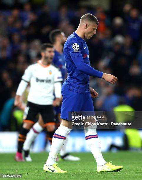 Ross Barkley of Chelsea FC reacts after missing a penalty during the UEFA Champions League group H match between Chelsea FC and Valencia CF at...