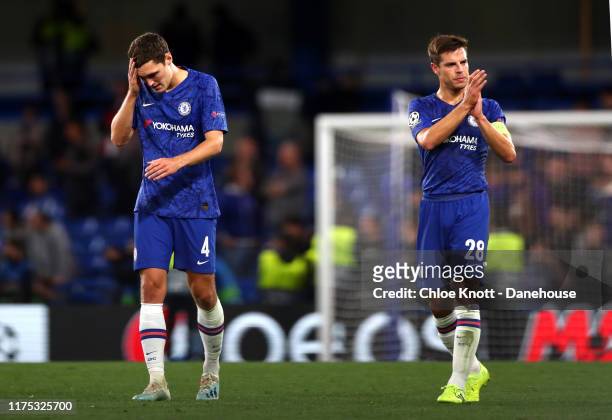 Andreas Christensen of Chelsea FC react after the UEFA Champions League group H match between Chelsea FC and Valencia CF at Stamford Bridge on...