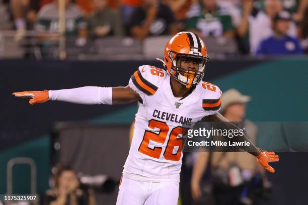 Greedy Williams of the Cleveland Browns reacts after breaking up a pass in the second quarter against the New York Jets at MetLife Stadium on...