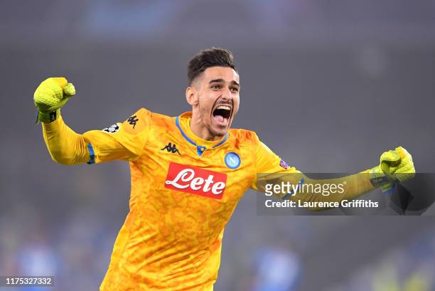 Alex Meret of Napoli celebrates during the UEFA Champions League group E match between SSC Napoli and Liverpool FC at Stadio San Paolo on September...