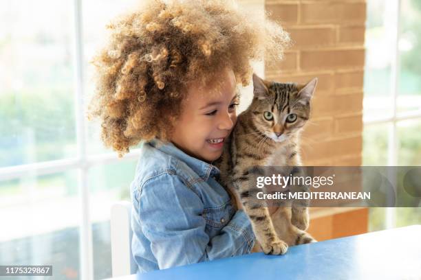 fille ethnique d'enfant jouant avec le chat - cute animals cuddling photos et images de collection