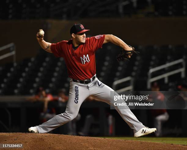 Rafael Cordova of the Aguilas de Mexicali pitches against the Scottsdale Scorpions at Salt River Fields at Talking Stick on Wednesday, September 25,...