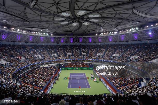 Alexander Zverev of Germany in action against Roger Federer of Switzerland during the Men's singles Quarterfinals match of 2019 Rolex Shanghai...