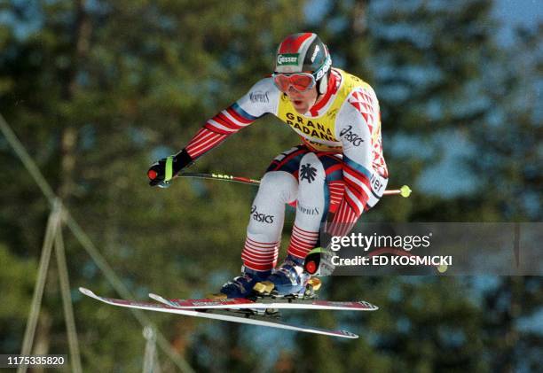 Hans Knauss of Austria flies through the air during his run in the men's Super G race at the World Alpine Ski Championships 02 February in Beaver...