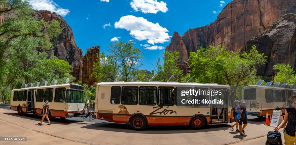 Riding Shuttle Bus at Zion National Park in Utah  USA