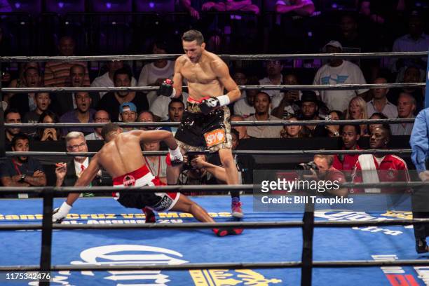 Danny Jacobs defeats Sergio Mora by TKO in the 2nd round during their Middleweight fight. Barclays Center on August 1st, 2015 in Brooklyn.