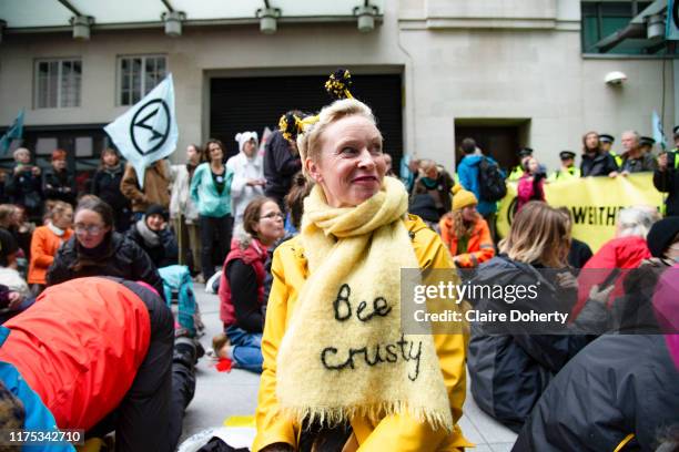 Climate activists from Exctinction Rebellion occupy the forecourt of BBC New Broadcasting House during day five of two weeks of planned...