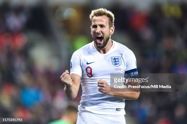 Harry Kane of England celebrates scoring the first goal of his team via penalty during the UEFA Euro 2020 qualifier between Czech Republic and...