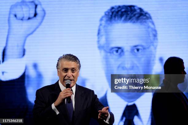 Tunisian presidential candidate, Media mogul Nabil Karoui during a presidential campaign rally on October 11 in avenue Habib-Bourguiba, Tunis, the...