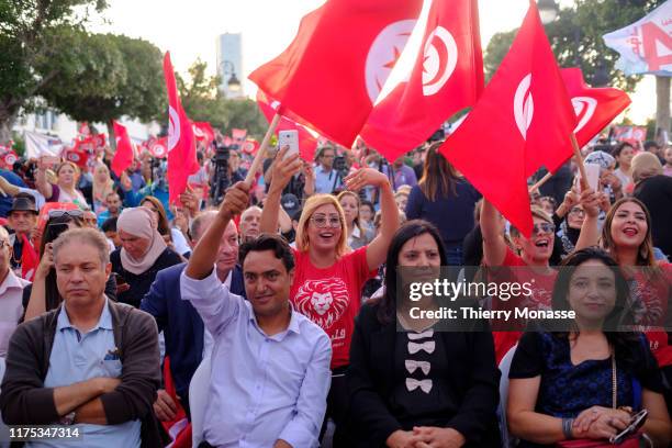 Supporters of the Tunisian presidential candidate, Media mogul Nabil Karoui are waiting for there leaders during a presidential campaign rally on...