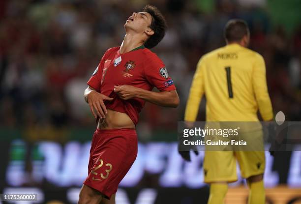Joao Felix of Portugal and Atletico Madrid reaction after missing a goal opportunity during the UEFA Euro 2020 Qualifier match between Portugal and...