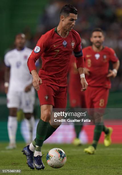 Cristiano Ronaldo of Portugal and Juventus in action during the UEFA Euro 2020 Qualifier match between Portugal and Luxembourg at Estadio Jose...