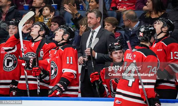 Patrick Roy head coach of the Quebec Remparts looks on during the QMJHL hockey game against the Chicoutimi Sagueneens at the Videotron Center on...