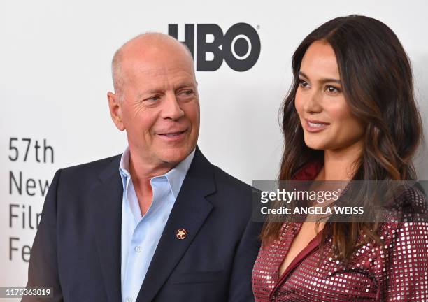 Actor Bruce Willis and wife Emma Heming Willis attend the premiere of "Motherless Brooklyn" during the 57th New York Film Festival at Alice Tully...