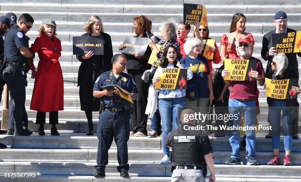 Actress Jane Fonda is arrested on the East Front of the US Capitol in Washington, DC on October 2019. She continues to fight for climate change.