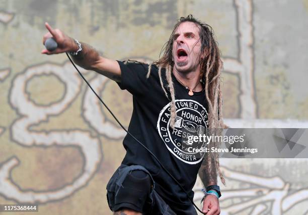 Singer Randy Blythe of Lamb of God performs on Day 1 of the 2019 Aftershock Music Festival at Discovery Park on October 11, 2019 in Sacramento,...