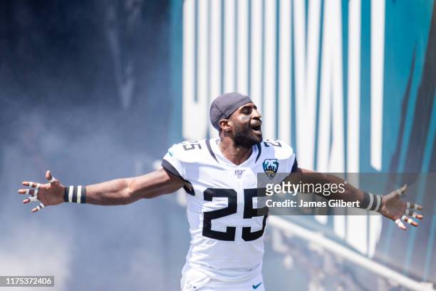 Hayden of the Jacksonville Jaguars enters the field during player introductions before a game against the Kansas City Chiefs at TIAA Bank Field on...